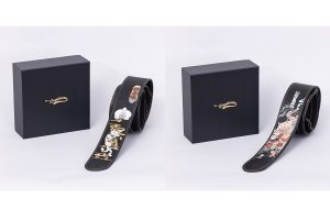 島村楽器オリジナル和柄デザインギターストラップが登場　　「招き猫」と「赤鬼武士図肩掛革」（わかざえもんモデル）の2種類